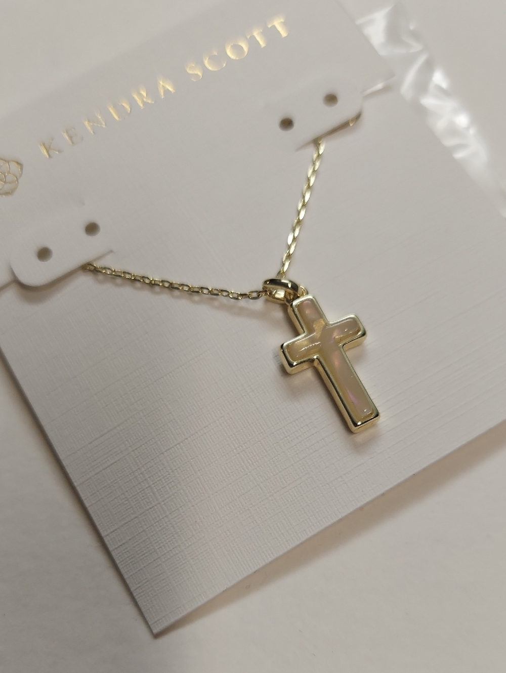 Cross Gold Pendant Necklace in White Lab Grown Opal - Picture 6 of 7